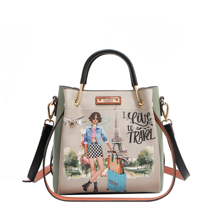 I LIVE TO TRAVEL SMALL BUCKET BAG