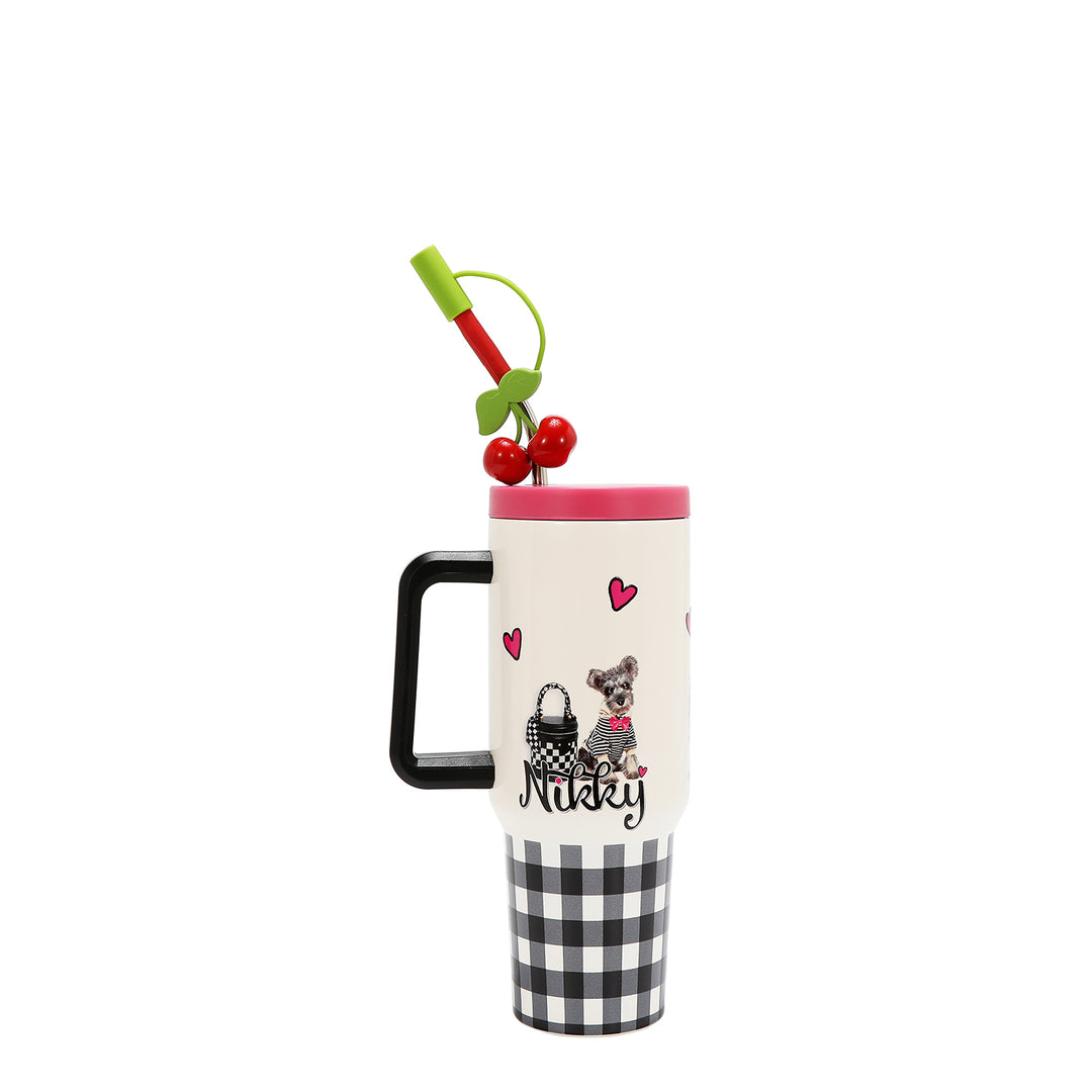 HANDLED TUMBLER WITH ACCENT CHERRY STRAW