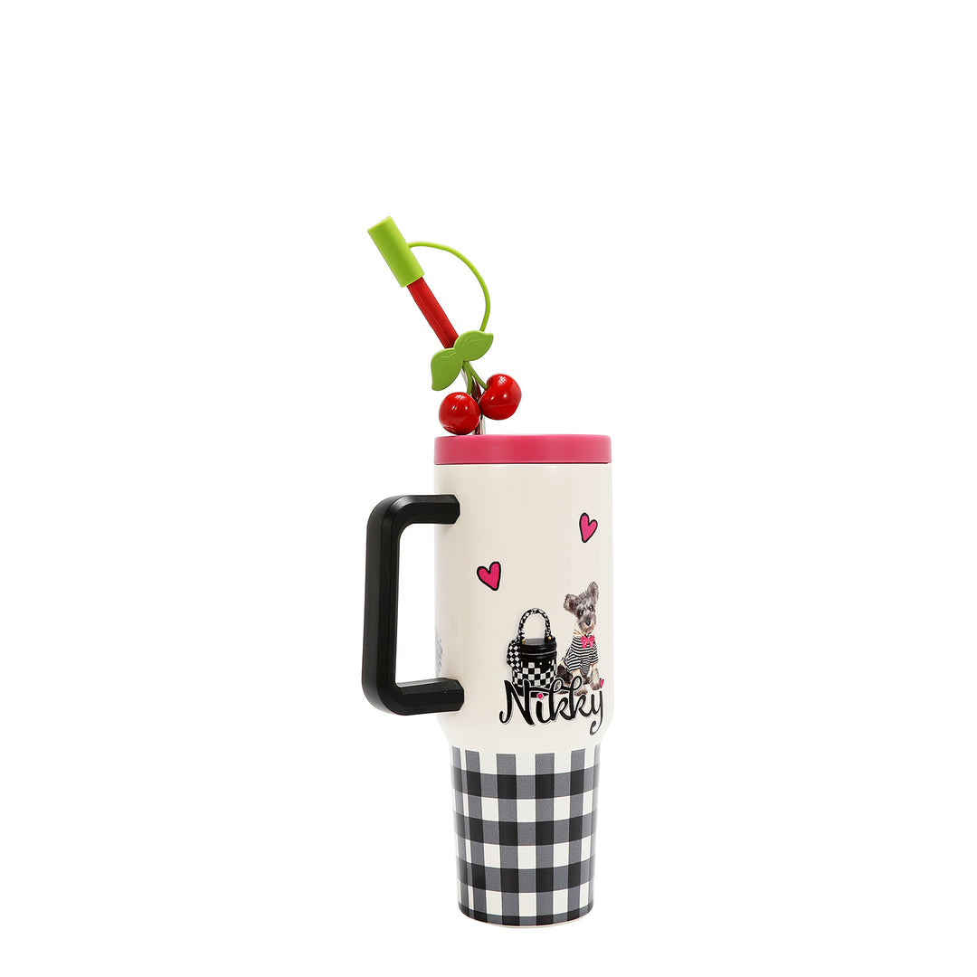 HANDLED TUMBLER WITH ACCENT CHERRY STRAW