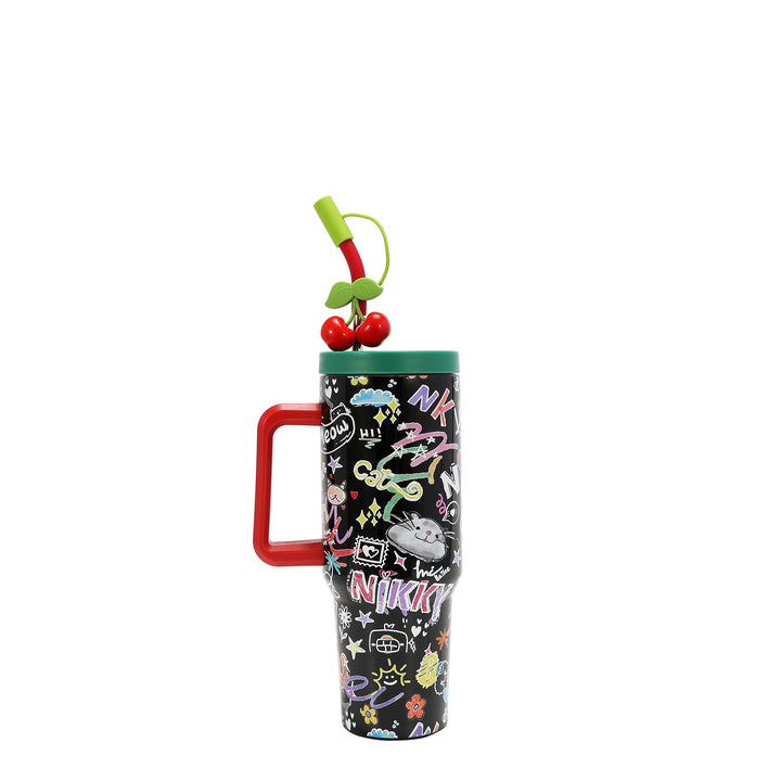 HANDLED TUMBLER WITH ACCENT CHERRY STRAW