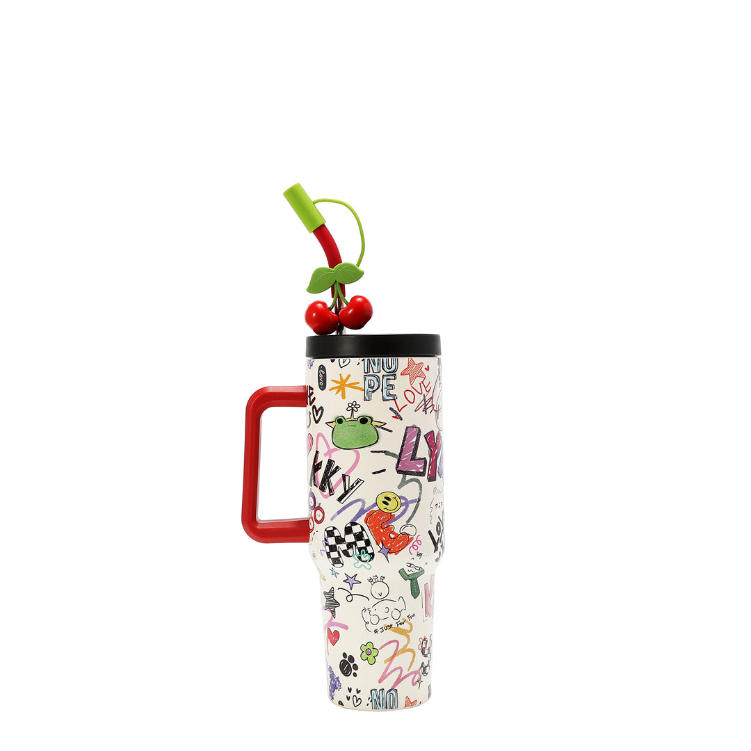 HANDLED TUMBLER WITH ACCENT CHERRY STRAW