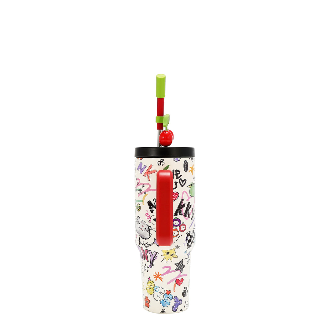 HANDLED TUMBLER WITH ACCENT CHERRY STRAW